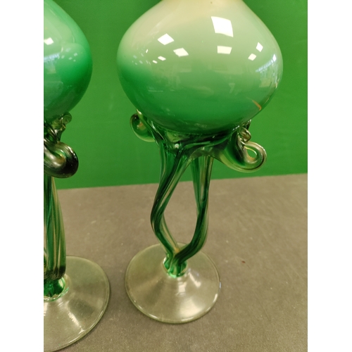 601 - A pair of green antique danube glass hand blown oil lamps.