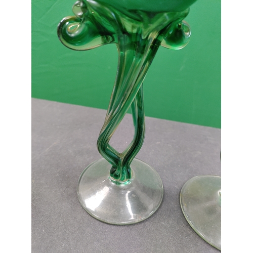 601 - A pair of green antique danube glass hand blown oil lamps.