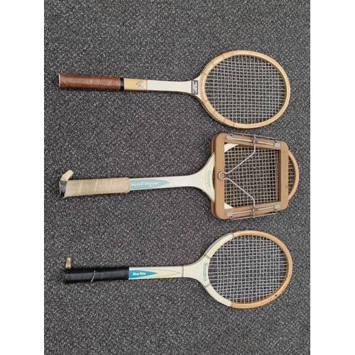 663 - A trio of vintage tennis rackets; Makes include Sondico blue star, Tuftex Junior and Slazenger Royal... 