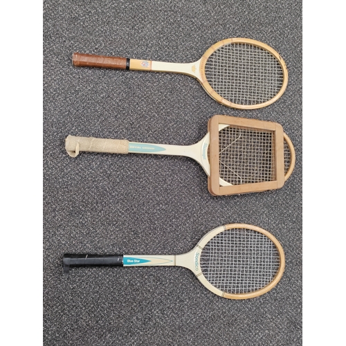 663 - A trio of vintage tennis rackets; Makes include Sondico blue star, Tuftex Junior and Slazenger Royal... 