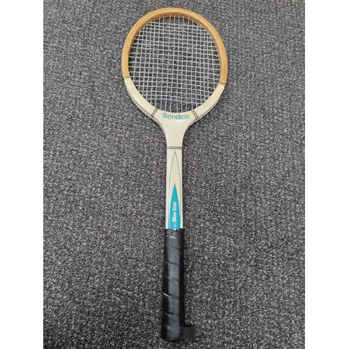 663 - A trio of vintage tennis rackets; Makes include Sondico blue star, Tuftex Junior and Slazenger Royal... 