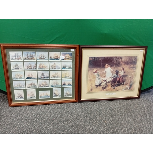 675 - A framed lot of 25 H. M. S Players Cigarette cards and a framed print of Frederick Morgan painting '... 