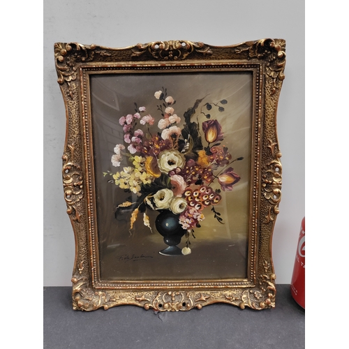 683 - An antique gold ornate framed oil on copper painting of still life flowers in a vase, with bowed gla... 