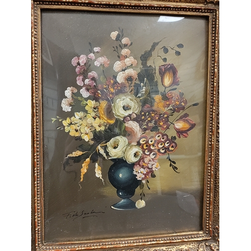 683 - An antique gold ornate framed oil on copper painting of still life flowers in a vase, with bowed gla... 