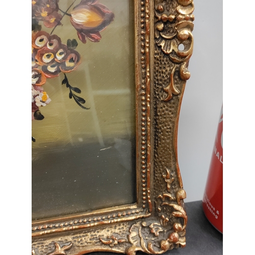 683 - An antique gold ornate framed oil on copper painting of still life flowers in a vase, with bowed gla... 