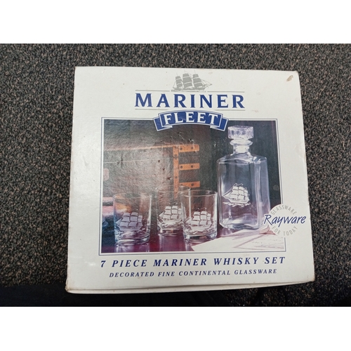 684 - 7 piece Mariner whisky decorated fine continental glassware set. Includes a football decanter.