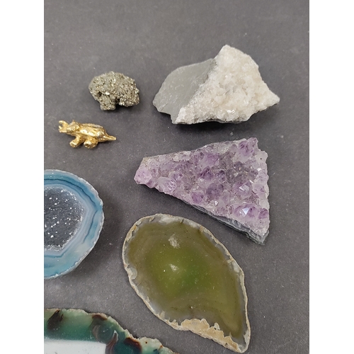 698 - A collection of crystals, geodes and a fossilized tooth. Crystals include amethyst, quartz, tiger ey... 