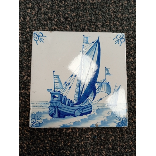 732 - 19th century antique delft tile and two vintage Westraven Utrecht Dutch tiles picturing sailboats.