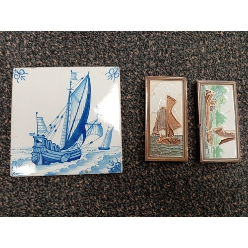 732 - 19th century antique delft tile and two vintage Westraven Utrecht Dutch tiles picturing sailboats.