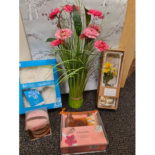 19 - Job lot of ladies accessories & floral items to include: free standing pink bouquet, Baylis & Hardin... 