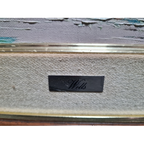 152 - Framed mid century Oil painting Landscape of European village on the river, signed Wells. Measures H... 