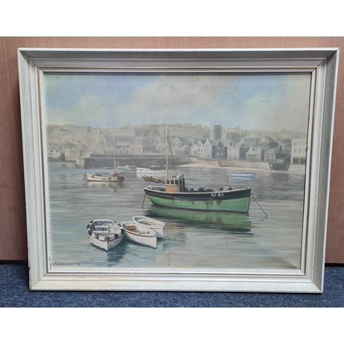 155 - Framed mid century Oil landscape painting of a Green boat in the Harbour by Geoffrey. R. Herickx, 19... 