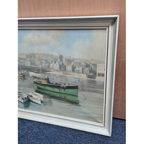 155 - Framed mid century Oil landscape painting of a Green boat in the Harbour by Geoffrey. R. Herickx, 19... 