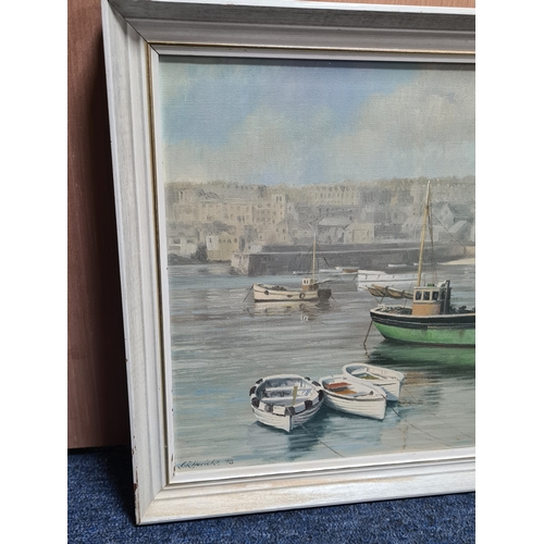 155 - Framed mid century Oil landscape painting of a Green boat in the Harbour by Geoffrey. R. Herickx, 19... 