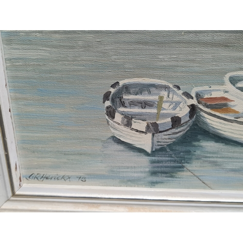 155 - Framed mid century Oil landscape painting of a Green boat in the Harbour by Geoffrey. R. Herickx, 19... 