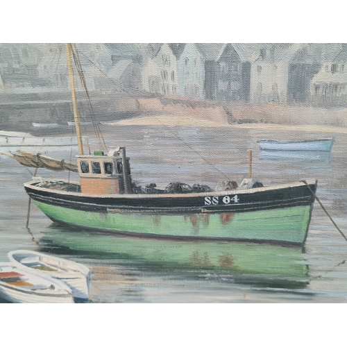 155 - Framed mid century Oil landscape painting of a Green boat in the Harbour by Geoffrey. R. Herickx, 19... 