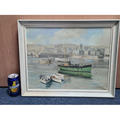 155 - Framed mid century Oil landscape painting of a Green boat in the Harbour by Geoffrey. R. Herickx, 19... 