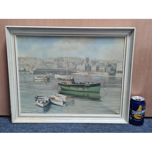155 - Framed mid century Oil landscape painting of a Green boat in the Harbour by Geoffrey. R. Herickx, 19... 