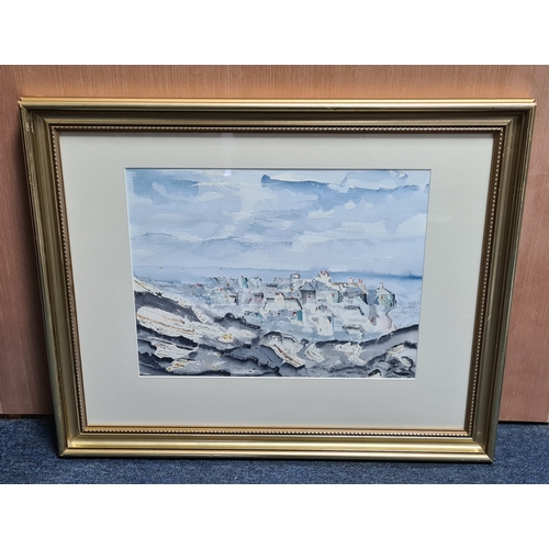 160 - Glass framed Watercolour/ Gouache blue tonal painting of a hillside village, signed Paul. T. Measure... 