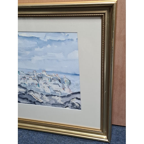 160 - Glass framed Watercolour/ Gouache blue tonal painting of a hillside village, signed Paul. T. Measure... 