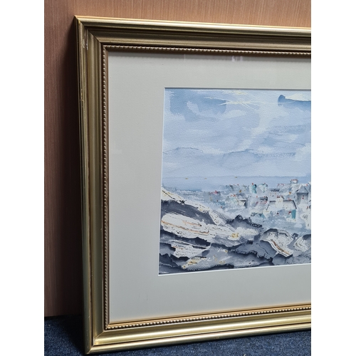 160 - Glass framed Watercolour/ Gouache blue tonal painting of a hillside village, signed Paul. T. Measure... 