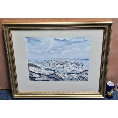 160 - Glass framed Watercolour/ Gouache blue tonal painting of a hillside village, signed Paul. T. Measure... 