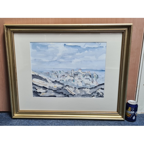 160 - Glass framed Watercolour/ Gouache blue tonal painting of a hillside village, signed Paul. T. Measure... 