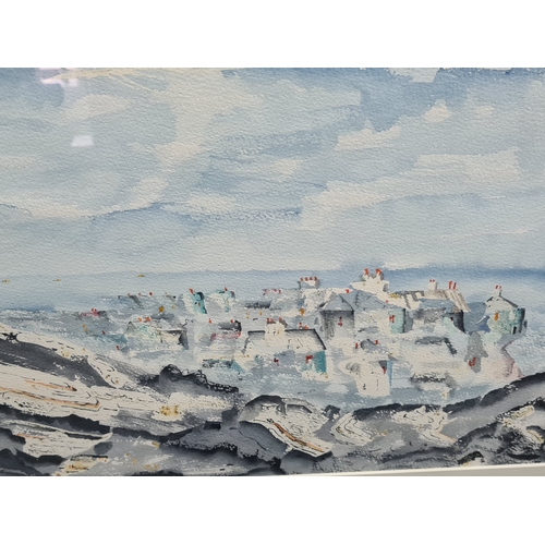 160 - Glass framed Watercolour/ Gouache blue tonal painting of a hillside village, signed Paul. T. Measure... 