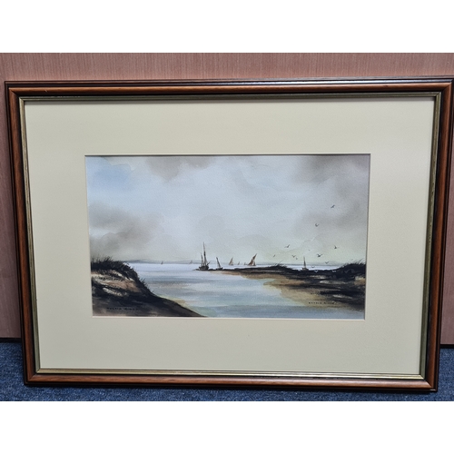 161 - Glass framed moody Watercolour painting: The Estuary, Norfolk 1987, signed Ronald Ridge. Measures H4... 