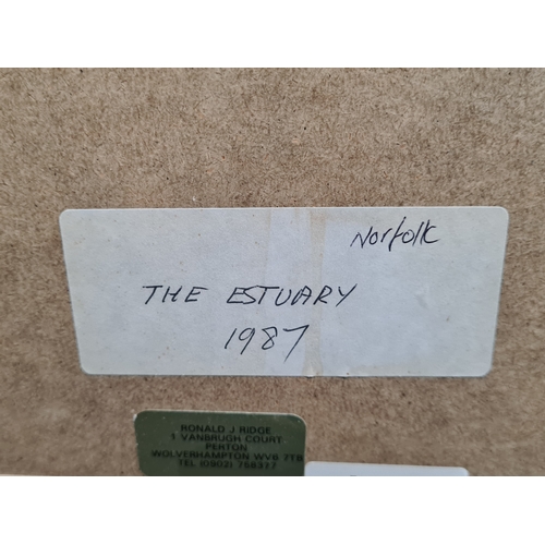 161 - Glass framed moody Watercolour painting: The Estuary, Norfolk 1987, signed Ronald Ridge. Measures H4... 