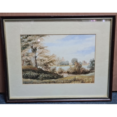 162 - Glass framed Watercolour landscape painting: Warwick Castle & St Marys Church with the River Leam in... 