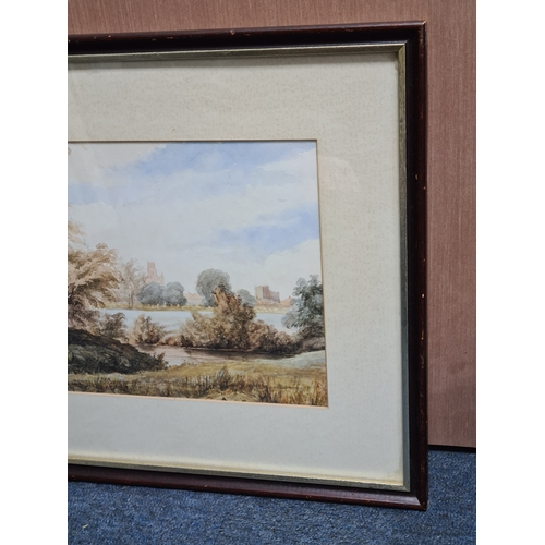 162 - Glass framed Watercolour landscape painting: Warwick Castle & St Marys Church with the River Leam in... 