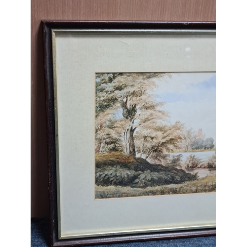 162 - Glass framed Watercolour landscape painting: Warwick Castle & St Marys Church with the River Leam in... 