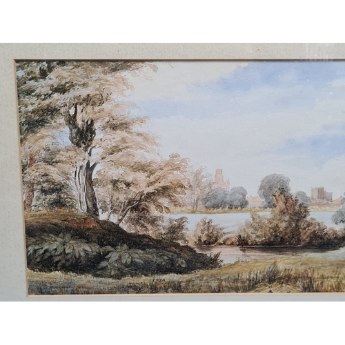 162 - Glass framed Watercolour landscape painting: Warwick Castle & St Marys Church with the River Leam in... 