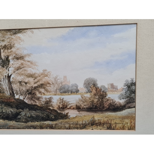 162 - Glass framed Watercolour landscape painting: Warwick Castle & St Marys Church with the River Leam in... 