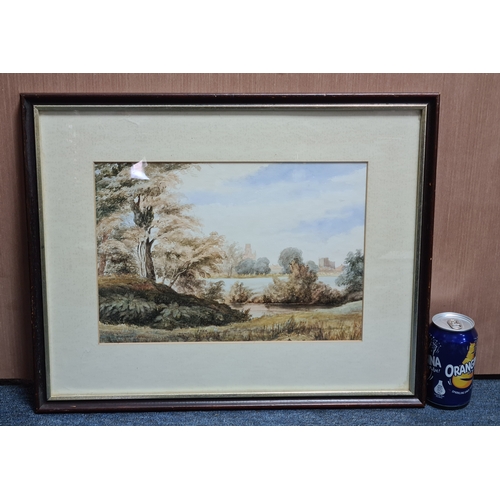 162 - Glass framed Watercolour landscape painting: Warwick Castle & St Marys Church with the River Leam in... 