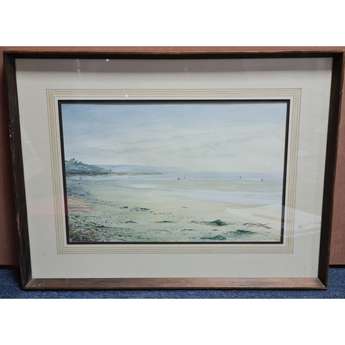 163 - Glass framed Watercolour landscape painting of French beach signed R. Fleming 1986. Possibly Benervi... 