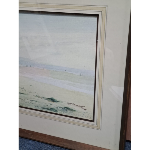 163 - Glass framed Watercolour landscape painting of French beach signed R. Fleming 1986. Possibly Benervi... 