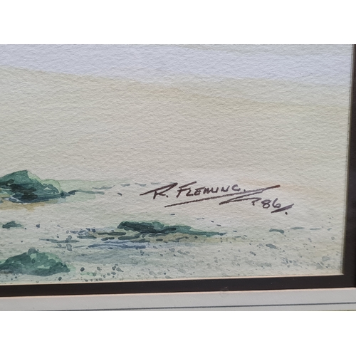 163 - Glass framed Watercolour landscape painting of French beach signed R. Fleming 1986. Possibly Benervi... 
