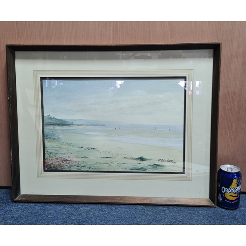 163 - Glass framed Watercolour landscape painting of French beach signed R. Fleming 1986. Possibly Benervi... 
