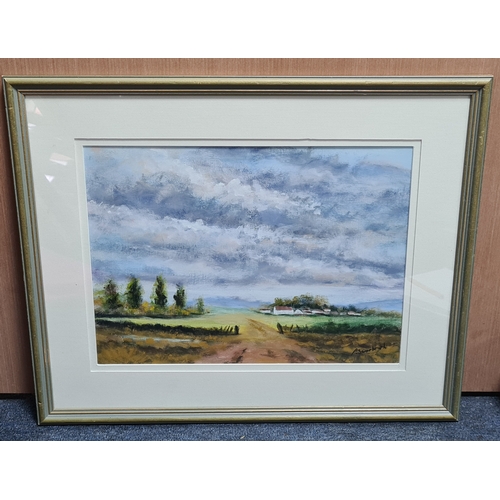 166 - Glass framed Atmospheric landscape Oil or Acrylic painting of the countryside with farmhouse. Signat... 