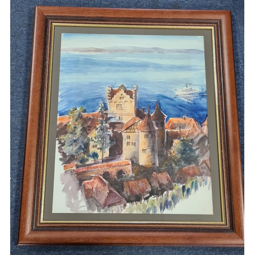 168 - Glass framed watercolour painting of German style Castle on the Lake, possibly Meersburg on Lake Con... 