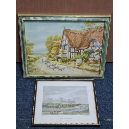 170 - 2 glass framed paintings, one a watercolour with country house and sheep which measures H32cm x39cm,... 