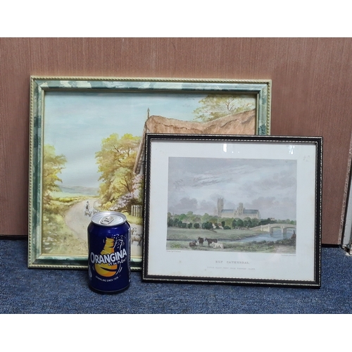 170 - 2 glass framed paintings, one a watercolour with country house and sheep which measures H32cm x39cm,... 