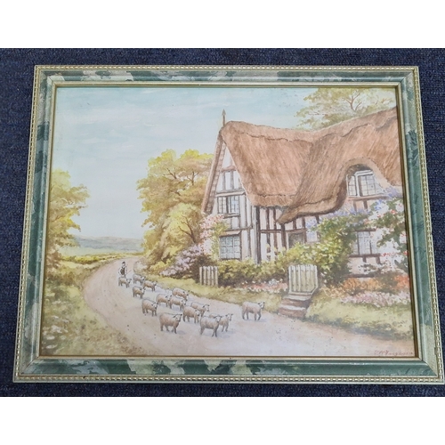170 - 2 glass framed paintings, one a watercolour with country house and sheep which measures H32cm x39cm,... 