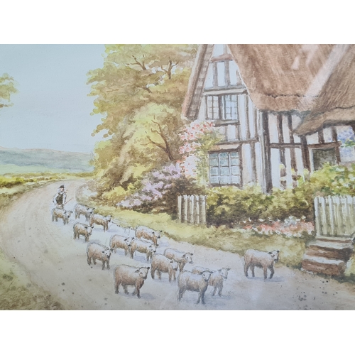 170 - 2 glass framed paintings, one a watercolour with country house and sheep which measures H32cm x39cm,... 