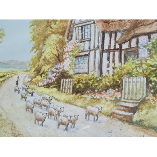 170 - 2 glass framed paintings, one a watercolour with country house and sheep which measures H32cm x39cm,... 