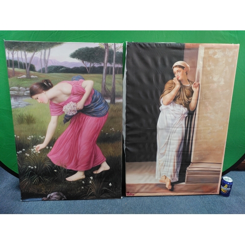 171 - Two oil on canvas paintings of women. One is signed Justin. H 91cm x W 61cm.