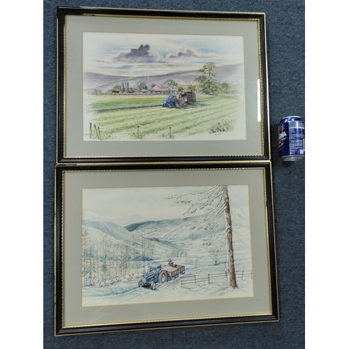 172 - A pair of original mixed media paintings signed FA Burnley '75 of tractors in summer and winter.