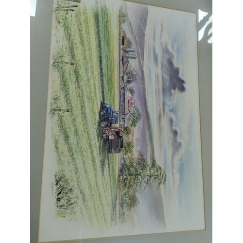 172 - A pair of original mixed media paintings signed FA Burnley '75 of tractors in summer and winter.